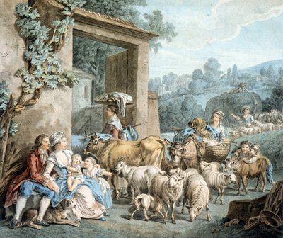 Herders en schapenkudde voor een boerderij. door Unknown artist
