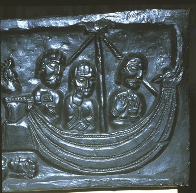 Schip in de 12e eeuw. Detail van de Winchester Kathedraal. Eerste bekende voorstelling van een moderne achterroer. Eerder werden een of twee roeispanen aan de zijkanten van de achtersteven gebruikt. door Unknown artist