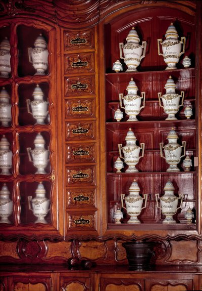 Vitrine en potten van apotheker in faience. 17e eeuw Macon, Hotel Dieu door Unknown artist