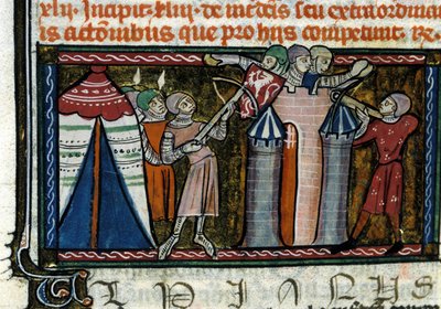 Belegering van een kasteel. Miniatuur uit een 13e-eeuws manuscript. Milaan, Biblioteca Trivulziana. door Unknown artist