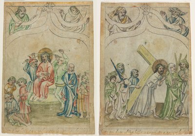 Enkel blad uit een "Biblia Pauperum": Christus gekroond met doornen (recto) Christus draagt het kruis (verso) door Unknown artist