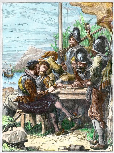Sir Walter Raleigh in Trinidad, informatie verkrijgen van de Spaanse soldaten over Guiana, 1595 - Expeditie door Walter Raleigh door Unknown artist