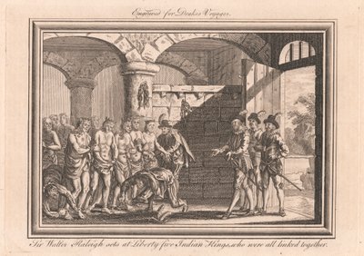Sir Walter Raleigh bevrijdt vijf Indiase koningen, die allemaal aan elkaar waren gekoppeld door Unknown artist