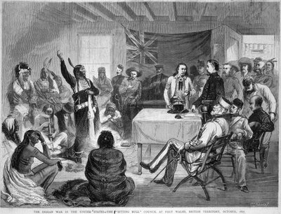 Sitting Bull en Buffalo Bill: Sitting Bull Raad bij Fort Walsh, Brits Territorium, tijdens de oorlog met de Indianen, oktober 1877 door Unknown artist