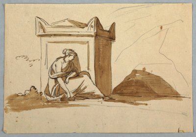 Schets: Een Vrouw Zittend voor een Antiek Sarcofaag door Unknown artist