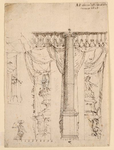 Schets voor drie zijvleugels met deel van prosceniumlijst door Unknown artist