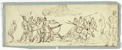 Schets van een gevechtsscène (recto); Fregat (verso) door Unknown artist