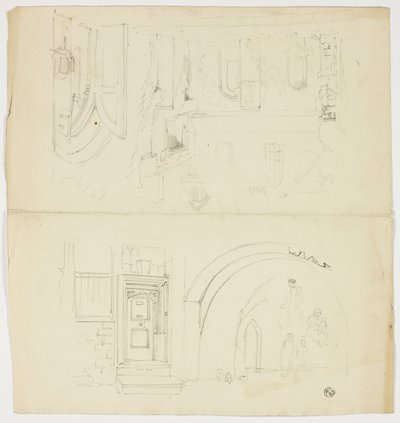 Schetsen van deuropening, figuren, gebouw met zij-ingang tot de kerk (recto); schets van torenspits (verso) door Unknown artist