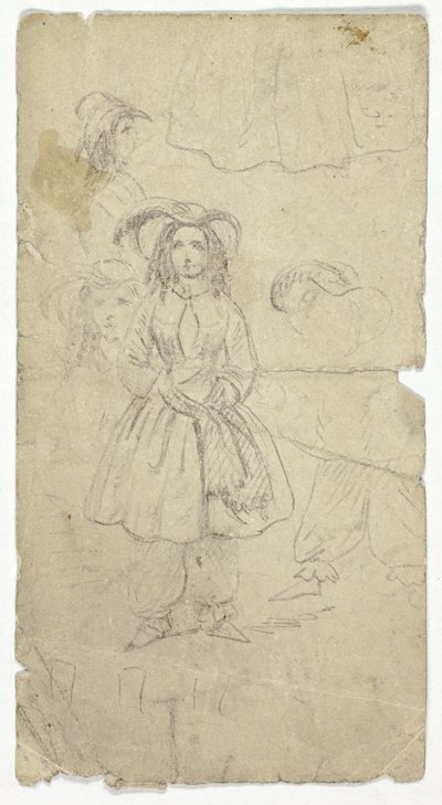 Schetsen van jong meisje (recto); Schetsen van banjospeler (verso) door Unknown artist