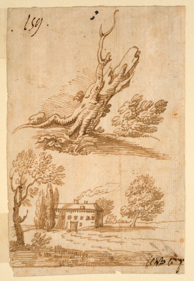 Schetsen van een villa en boom door Unknown artist
