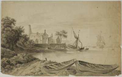 Kleine Nederlandse haven met schepen door Unknown artist