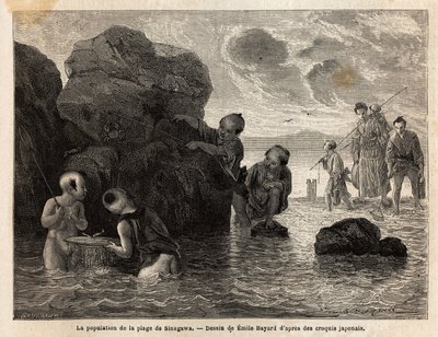 Kleine visactiviteiten op een strand in Sinagawa, kinderen spetteren in het water en vangen krabben en kleine vissen. Gravure ter illustratie van de reis naar Japan, in 1863-1864, door Aime Humbert, minister van de Zwitserse Confederatie, in 