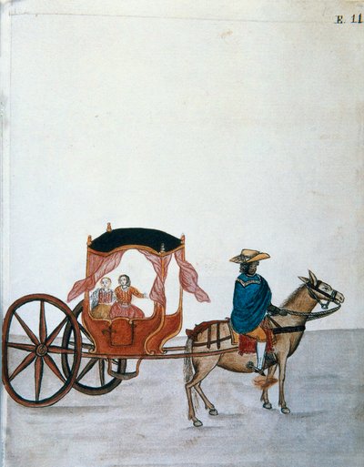 Spaanse vrouwen in een door een Indiaan getrokken koets, uit het boek "Trujillo del Peru" of "Códice Martínez Compañón", door Baltazar Martinez Compañón y Bujanda, bisschop van Trujillo (1782-1785) door Unknown artist
