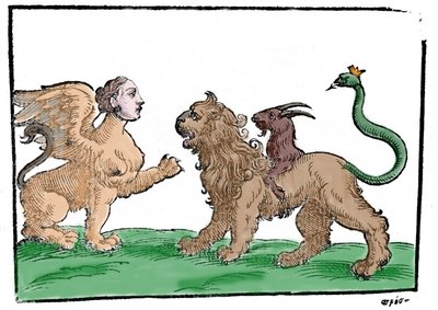 Sfinx tegen Chimera naar Mythologiae sive explicationes fabularum de Natalis Comitis. Patavia 1637 door Unknown artist