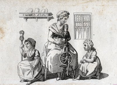 Spinnen: moeder en haar dochters spinnen wol. De vrouw gebruikt een spinnewiel en haar dochter gebruikt een riet. Gravure eind 18e eeuw. Privécollectie. door Unknown artist