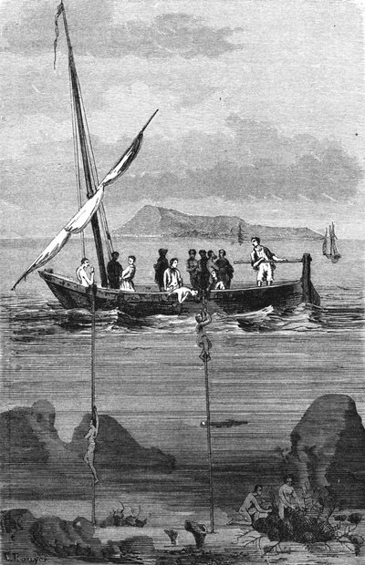 Sponsvissen langs de kust van Syrië: duikers dalen af om de sponzen met de hand op te rapen. Gravure uit de 19e eeuw door Unknown artist