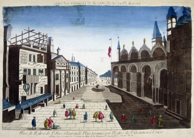 Plein van de Kerk van San Marco en het Grote Plein voltooid door de Kerk van San Geminiano in Venetië. Gravure uit de 18e eeuw door Unknown artist