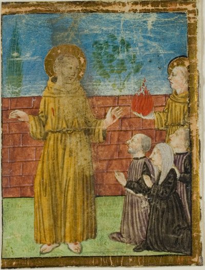 Franciscus van Assisi met donateurs in een geschiedkundige initiaal uit een ongeïdentificeerd manuscript door Unknown artist