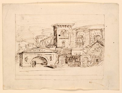 Toneelontwerp, antieke gebouwen door Unknown artist