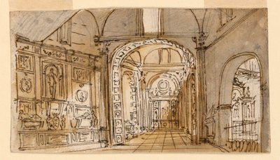 Toneelontwerp, kerkinterieur door Unknown artist