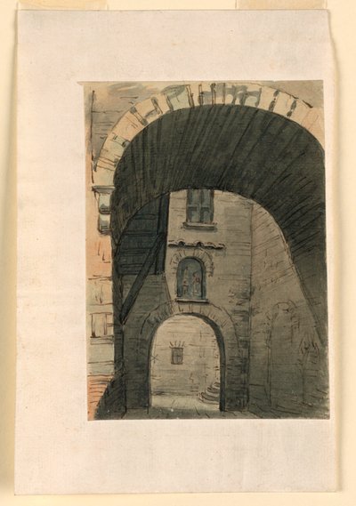 Toneelontwerp, hof in oud gebouw door Unknown artist