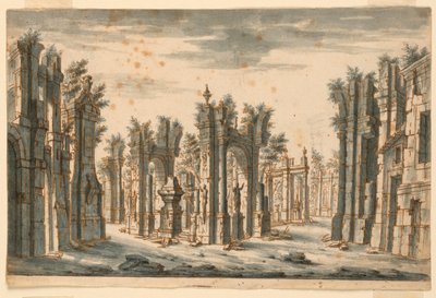 Toneelontwerp, Groep Gebouwen in Ruïnes door Unknown artist