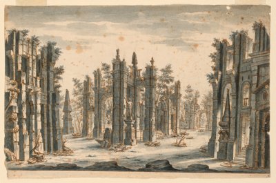 Toneelontwerp, groep van verwoeste gebouwen met obelisken door Unknown artist
