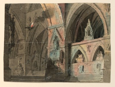 Toneelontwerp, interieur van een gotische kerk door Unknown artist