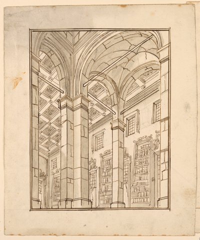 Toneelontwerp: bibliotheekinterieur met bogen door Unknown artist