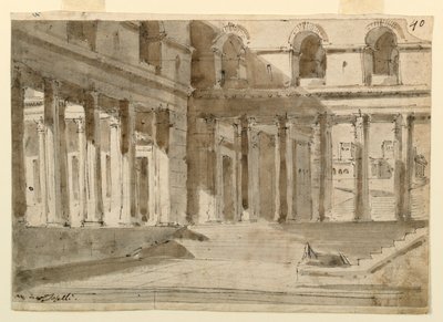 Toneelontwerp, paleishof met trappen door Unknown artist