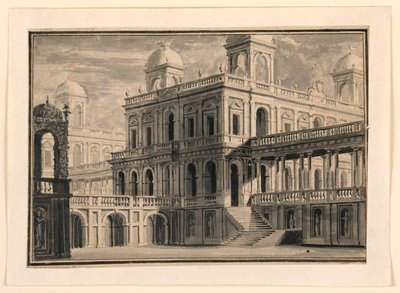 Toneelontwerp, paleis en portieken van buitenaf door Unknown artist
