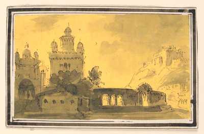 Toneelontwerp, stad in landschap door Unknown artist