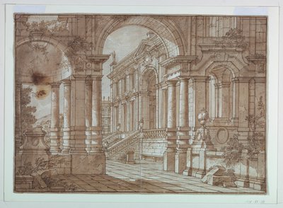 Toneelontwerp, Uitzicht op een Paleis vanaf een Terras door Unknown artist