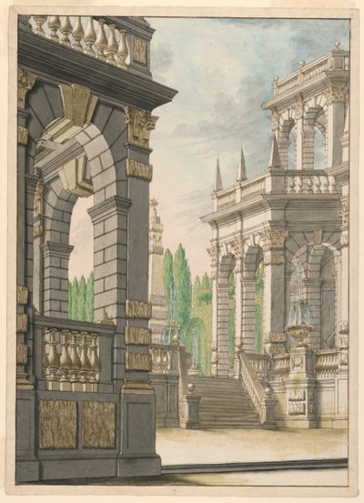 Toneelontwerp: Villa met obelisk en Albani-wapens door Unknown artist