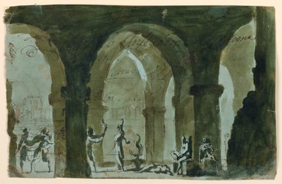 Toneelopstelling, Mensen Stormen de Crypte Binnen door Unknown artist