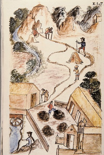 Stadia van de productie van metaal van mijnen tot ladingen, uit het boek "Trujillo del Peru" of "Códice Martínez Compañón", door Baltazar Martinez Compañón y Bujanda, bisschop van Trujillo (1782-1785) door Unknown artist