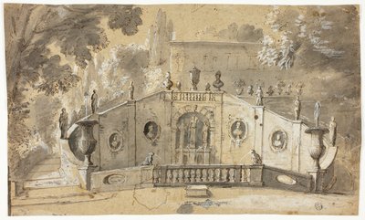Trap en fontein (recto); Zittende mannelijke naakt in profiel naar links, omhoog kijkend (verso) door Unknown artist