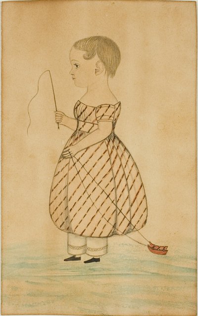 Staand meisje in profiel naar links met zweep en speelgoed slee door Unknown artist