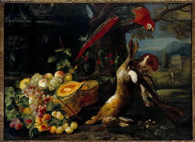 Stilleven van wild, papegaai en fruit door Unknown artist
