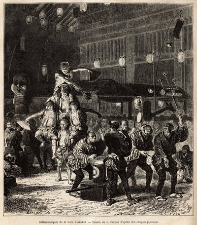 Straatartiesten: jongleurs, balancers en acrobaten, in nachtvoorstellingen, op de jaarlijkse Asaksa Fair, Tokio Tempel. Gravure ter illustratie van de reis naar Japan, door Aime Humbert, minister van de Zwitserse Confederatie, in 1863-1864, gepubliceerd in door Unknown artist