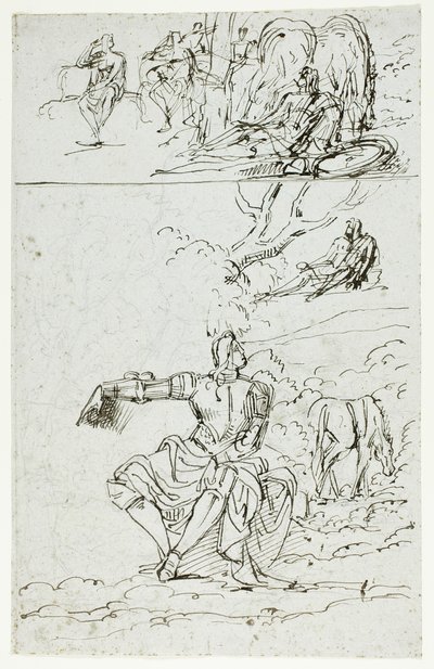 Studieblad met zittende ridder (recto); staande mannelijke figuur in middeleeuwse kleding (verso) door Unknown artist
