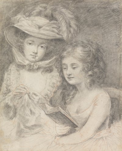 Studie van een vrouw die naait en een meisje dat leest door Unknown artist