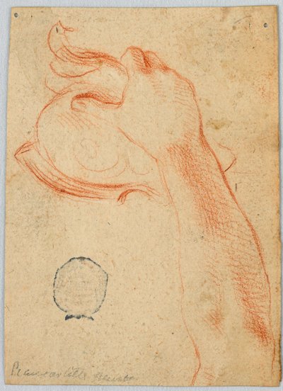 Studie van de rechteronderarm van een vrouw, die een antieke helm vasthoudt door Unknown artist