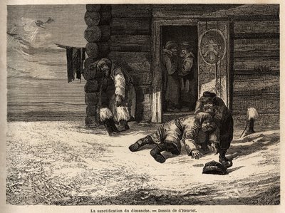 Zondagheiliging heeft komijnlikeur, Dorpat-arbeiders. Tekening door Henriet, om zijn reis naar de Russische Baltische provincies in 1851-54 te illustreren. Gravure in 