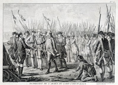 Overgave van het Britse leger van Lord Cornwallis (1738 - 1805) aan Amerika op 19 oktober 1781. door Unknown artist