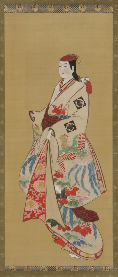Lang meisje; jurk met ho-o vogel en kiri bloemen patroon door Unknown artist