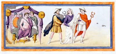 Talthybios en Eurybates brengen de maagd Briseis voor Achilles, die in de tent van de Myrmidonen staat. Ilias Zang I, v 345. Gravure uit het einde van de 18e eeuw. door Unknown artist