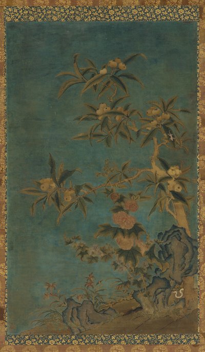 Wandtapijt: fruitbomen en stokrozen door Unknown artist
