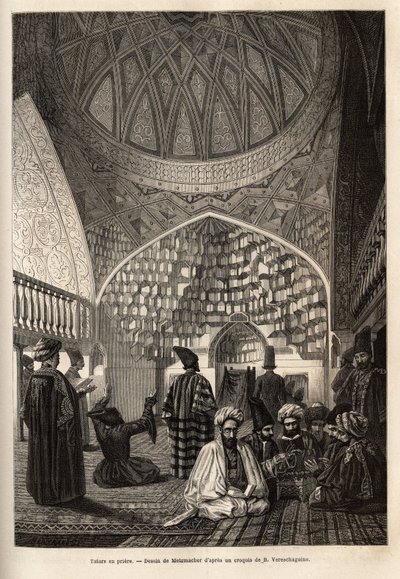 Tataren in gebed, in de Moskee van Schusha (Transkaukasië, Rusland). Gravure ter illustratie van de reis in de provincies van de Kaukasus, door Basile Vereschaguine, in 1864-1865, gepubliceerd in 