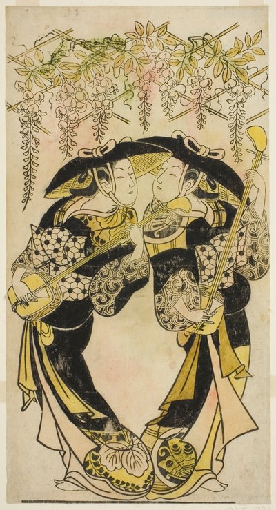 De acteurs Sanjo Kantaro (rechts) en Fujimura Handayu (links) als muzikanten spelend onder blauwe regen door Unknown artist